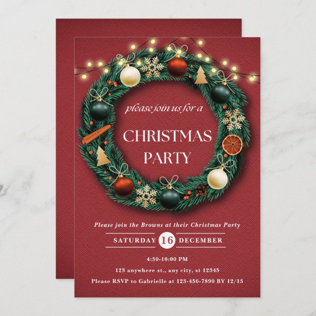 Rustic Christmas Wreath Festive Christmas Party Invitation (Front/Back)
