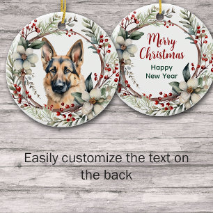 Rustic Christmas Wreath German Shepherd Dog Ceramic Tree Decoration