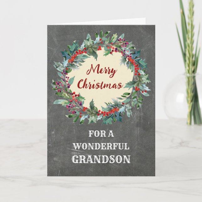 Rustic Christmas Wreath Grandson Christmas Card (Front)