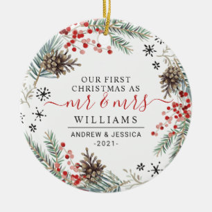 Rustic Christmas Wreath   Mr. & Mrs. Photo Ceramic Tree Decoration