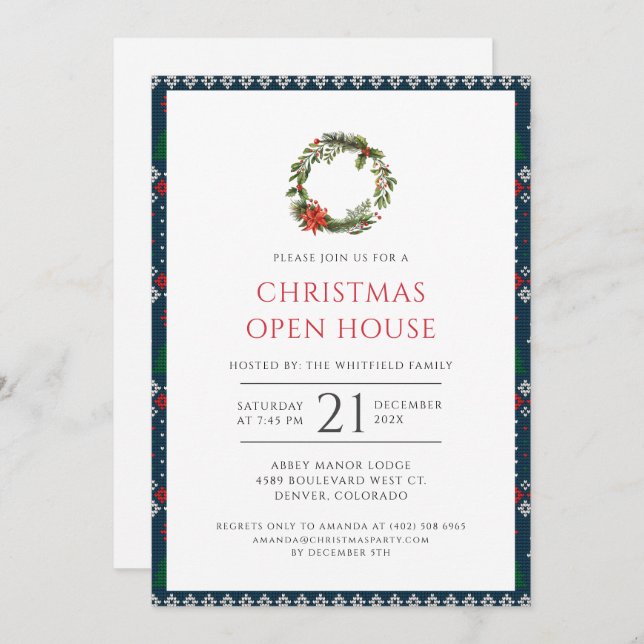 Rustic Christmas Wreath Open House Party Invitation (Front/Back)