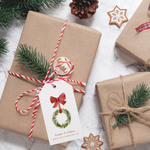 Rustic Christmas Wreath Red Bow Minimalist Gift Tags