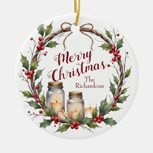 Rustic Christmas Wreath with Holly  Ceramic Tree Decoration (Front)