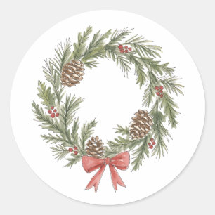 Rustic Christmas Wreath with Pinecones and Red Bow Classic Round Sticker