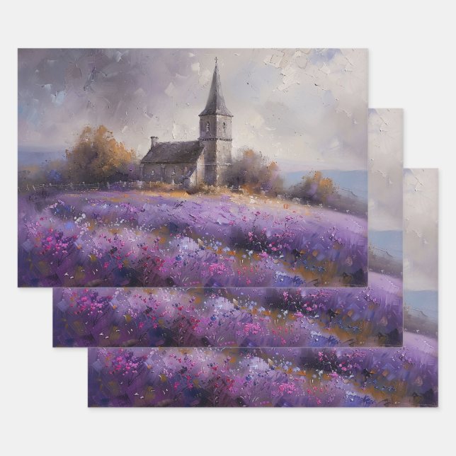 Rustic Church and Purple Wildflower Field Painting Wrapping Paper Sheet (Set)