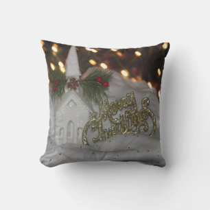 Rustic Church Merry Christmas White Gold Green Cushion