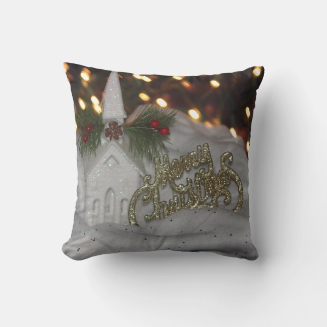 Rustic Church Merry Christmas White Gold Green Cushion (Front)