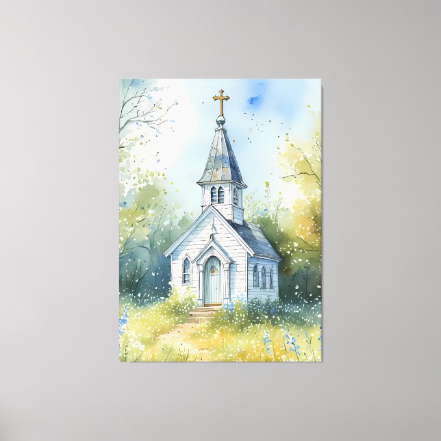 Rustic Church Path in Wildflower Meadow Canvas Print (Front)