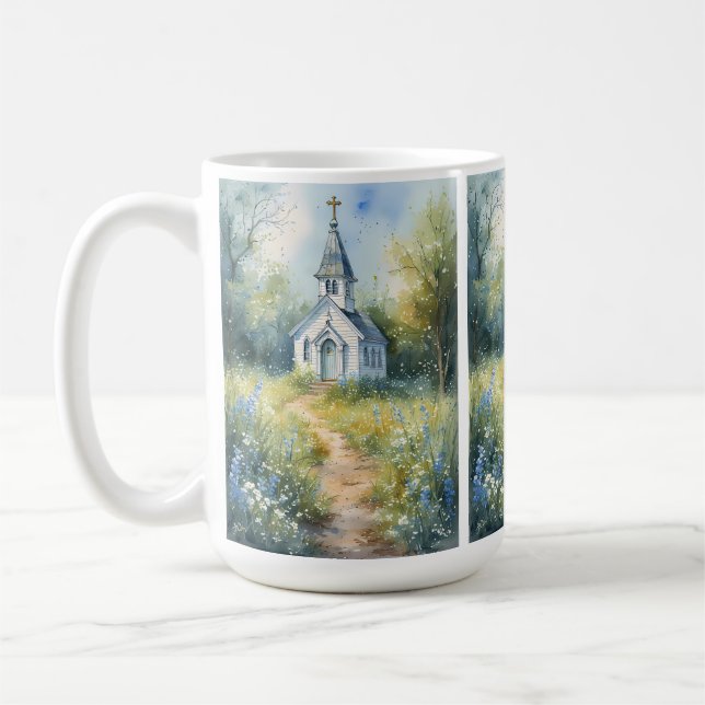 Rustic Church Path in Wildflower Meadow Coffee Mug (Left)