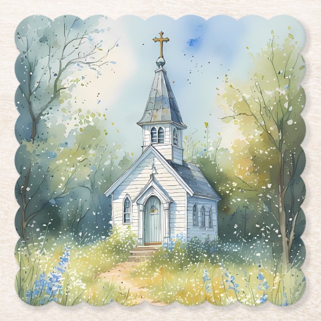 Rustic Church Path in Wildflower Meadow Paper Coaster (Front)