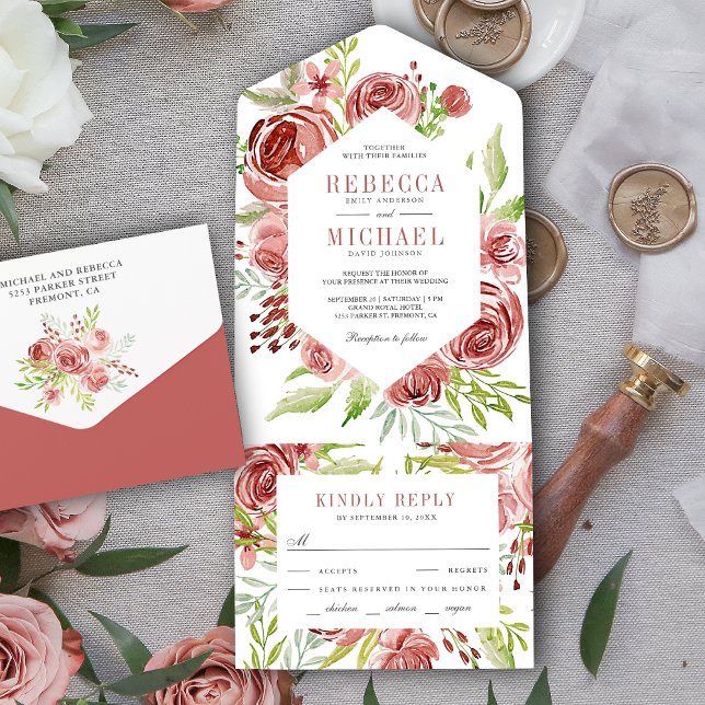 Rustic Cinnamon Rose Dusky Pink Floral Wedding All In One Invitation (Creator Uploaded)