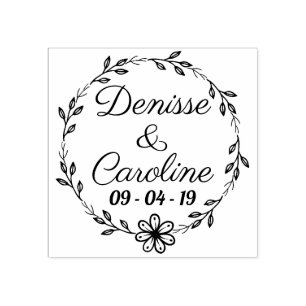 Rustic Circle Leaves Flower Save The Date Rubber Stamp