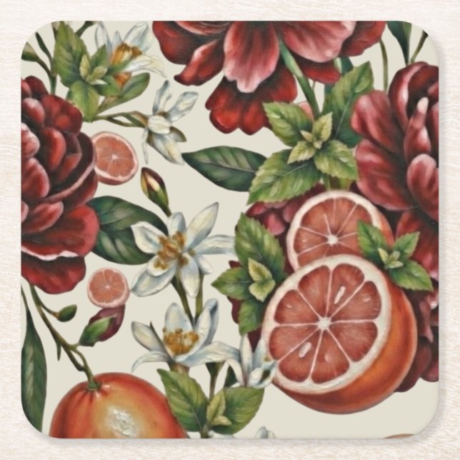 Rustic Citrus Floral summer  Bridal Shower Square Paper Coaster (Front)