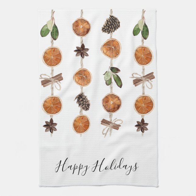Rustic Citrus Garland Personalised Christmas Tea Towel (Vertical)