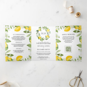 Rustic Citrus Lemon Orchard QR Code Wedding Tri-Fold Invitation