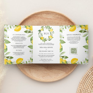 Rustic Citrus Lemon Orchard QR Code Wedding Tri-Fold Invitation