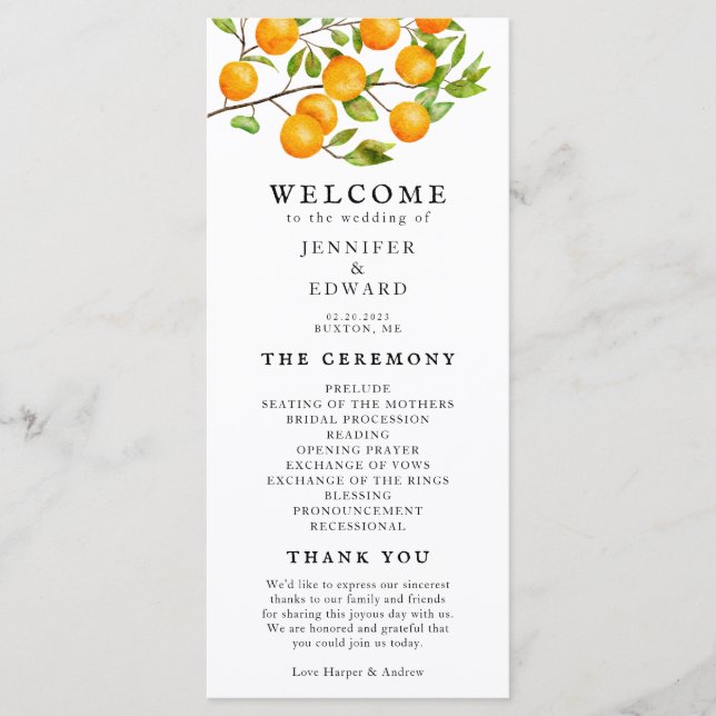 Rustic Citrus Oranges Wedding Ceremony Program Programme (Front)