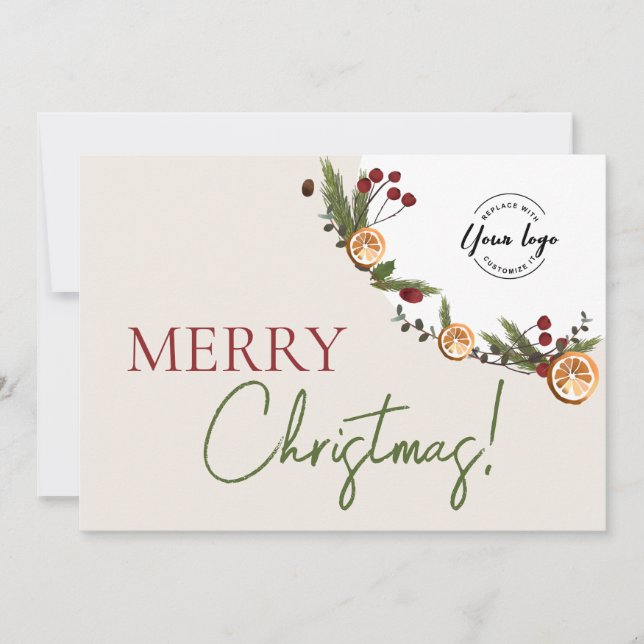 Rustic Citrus Pine business Beige Merry Christmas Holiday Card (Front)