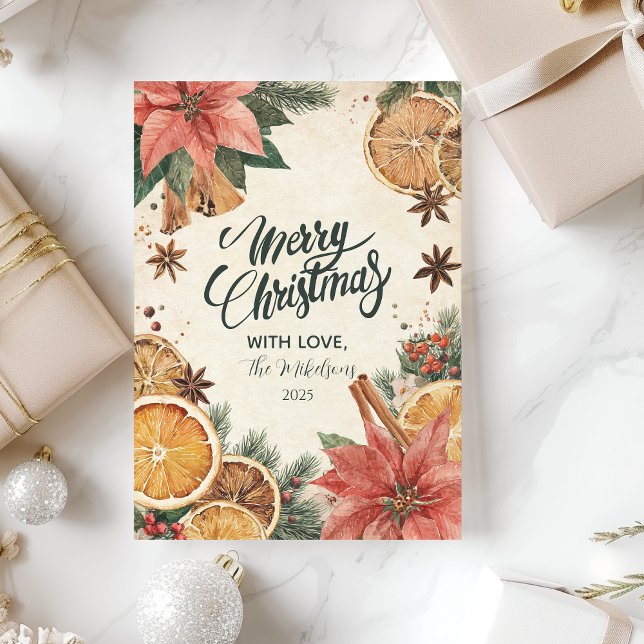 Rustic Citrus Poinsettia Merry Christmas Holiday Card (Creator Uploaded)