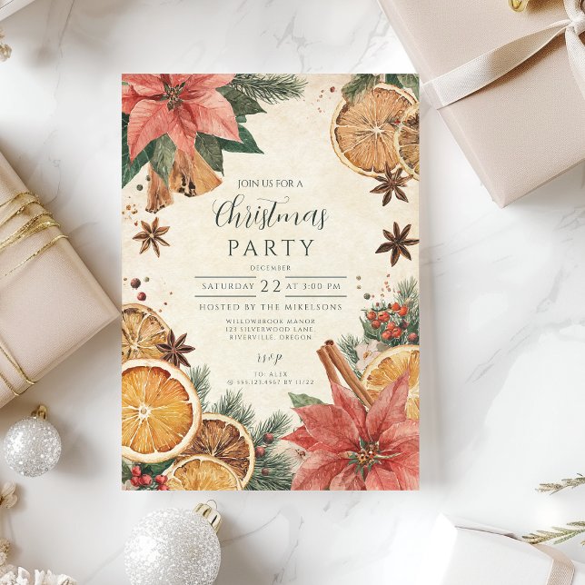 Rustic Citrus Poinsettia Merry Christmas Invitation (Creator Uploaded)