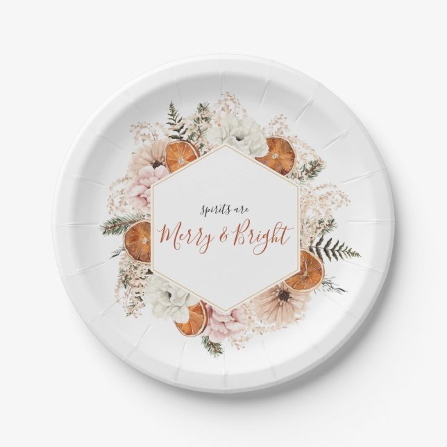 Rustic Citrus Wreath Merry and Bright Paper Plate (Front)