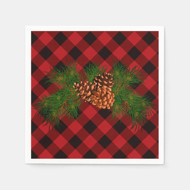 Rustic classic red plaid, green pine cone napkin (Front)