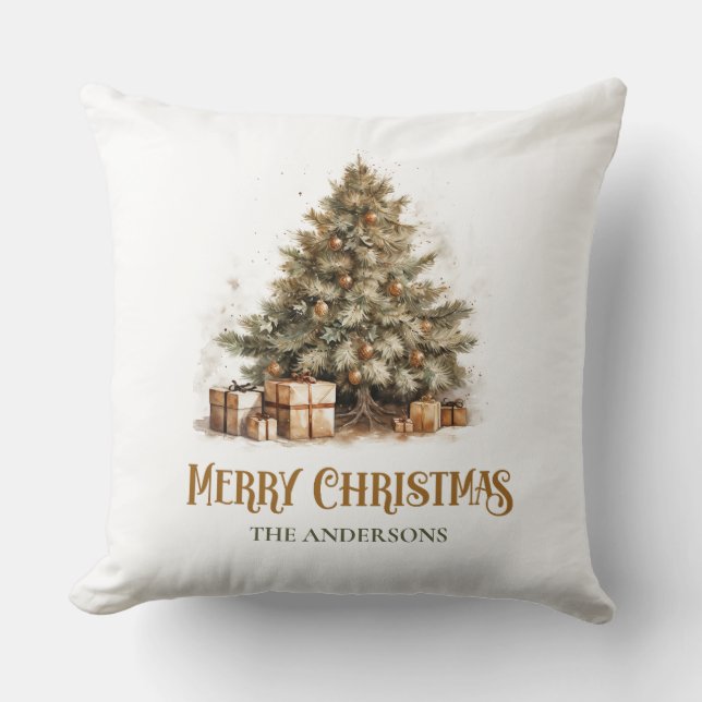 Rustic classic sage green and gold Christmas tree  Cushion (Front)