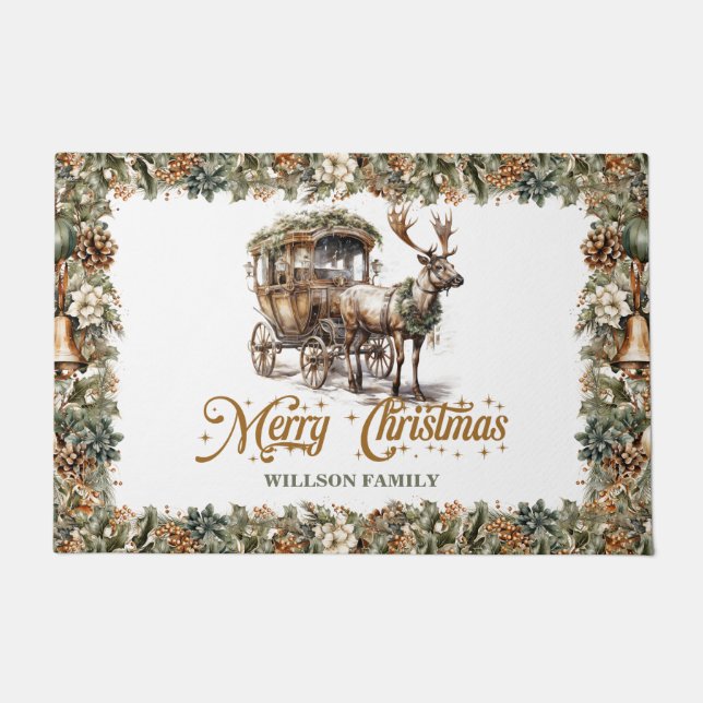 Rustic classic sage greenery Christmas Reindeer Doormat (Front)