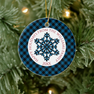 Rustic Classy Blue Black Tartan Checks Snowflakes Ceramic Tree Decoration