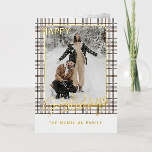 Rustic Classy Elegant Plaid Pattern Gold Foil Holiday Card (Front)