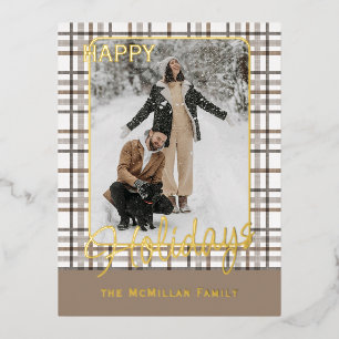 Rustic Classy Elegant Plaid Pattern Gold Foil Holiday Postcard