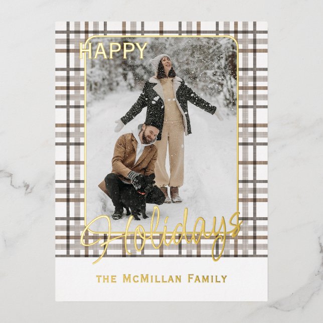 Rustic Classy Elegant Plaid Pattern Gold Foil Holiday Postcard (Front)