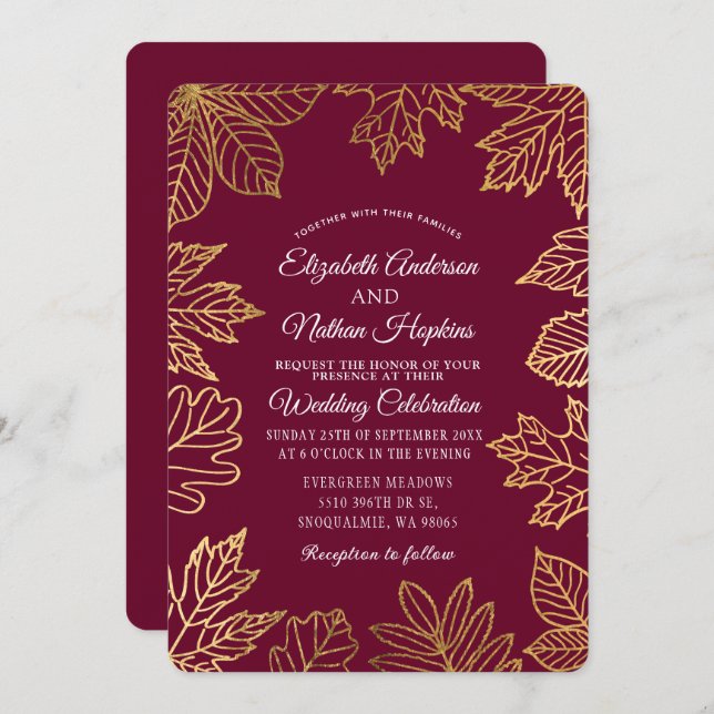 Rustic Classy Gold Cranberry Autumn Leaves Wedding Invitation (Front/Back)