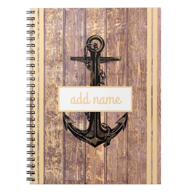 Rustic Coastal Anchor Yellow Name Nautical Notebook (Front)