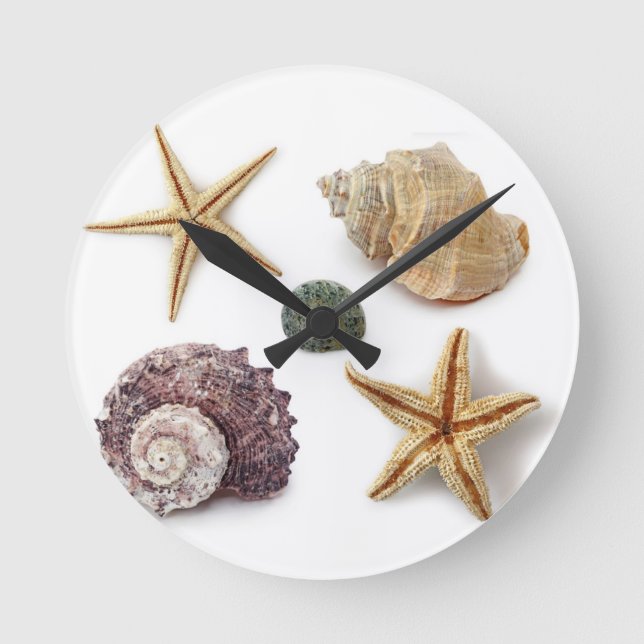 rustic coastal  beach chic seashell starfish round clock (Front)