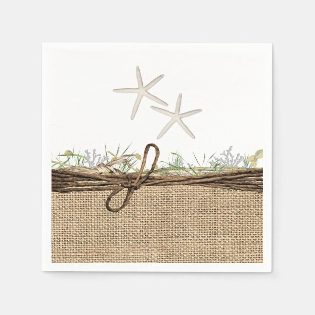 Rustic Coastal Beach Starfish Burlap & Greenery Napkin (Front)