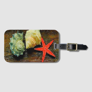 rustic coastal beach watercolor seashell starfish luggage tag