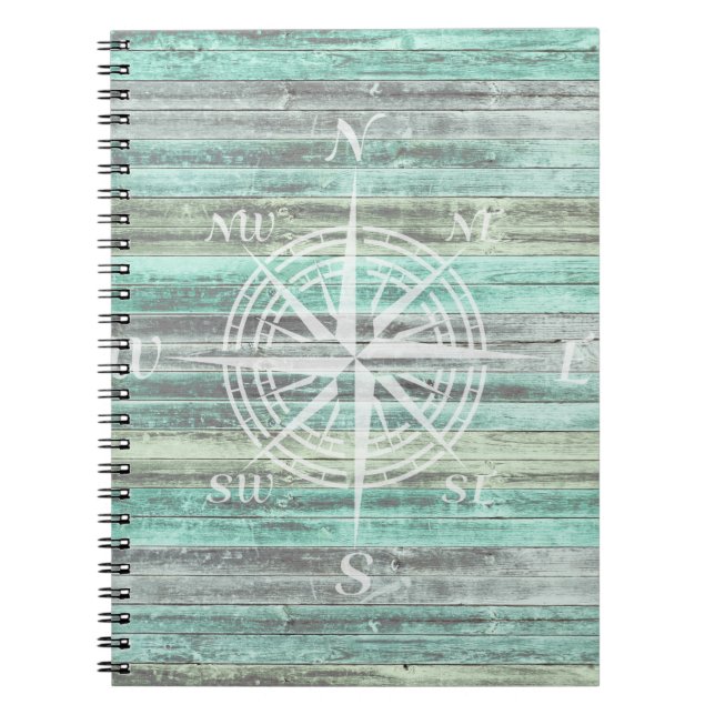 Rustic Coastal Compass Rose Spiral Notebook (Front)