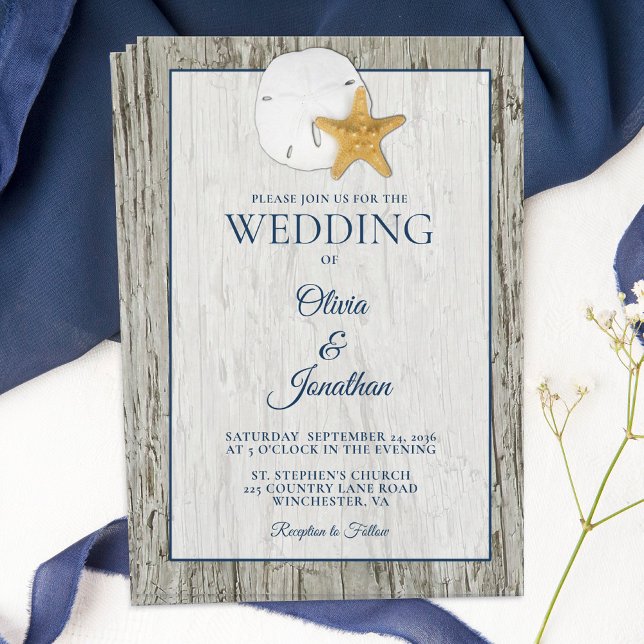 Rustic Coastal Driftwood Sand Dollar Wedding Invitation (Creator Uploaded)