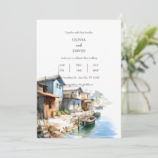 Rustic Coastal Fishing Village Shacks Wedding  Invitation (Standing Front)