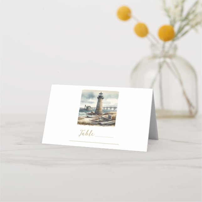 Rustic Coastal Lighthouse Seaside Beach Table Place Card (Front)