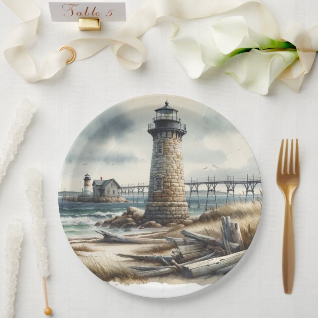 Rustic Coastal Lighthouse Seaside Beach Wedding Paper Plate (Wedding)