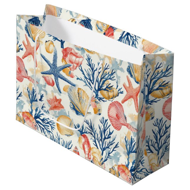 Rustic Coastal - Seashells, Starfish, Reef (10) Large Gift Bag (Front Angled)
