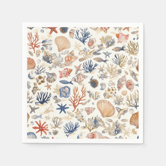 Rustic Coastal - Seashells, Starfish, Reef (12) Napkin (Front)