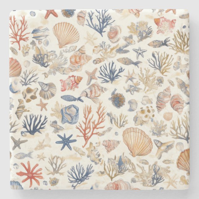 Rustic Coastal - Seashells, Starfish, Reef (12) Stone Coaster (Front)