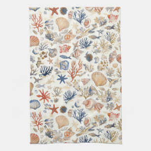 Rustic Coastal - Seashells, Starfish, Reef (12) Tea Towel