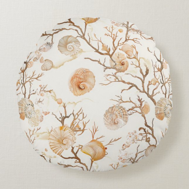 Rustic Coastal - Seashells, Starfish, Reef (14) Round Cushion (Front)