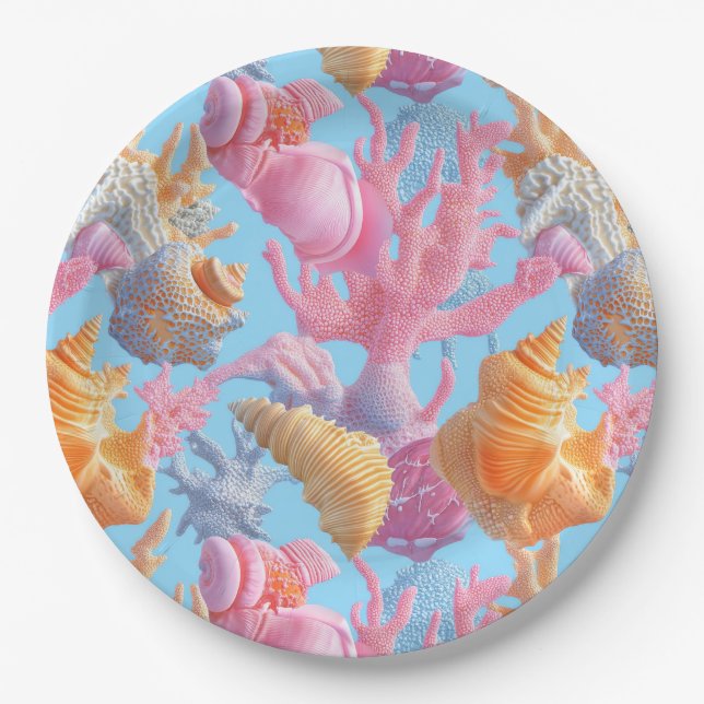 Rustic Coastal - Seashells, Starfish, Reef (18) Paper Plate (Front)