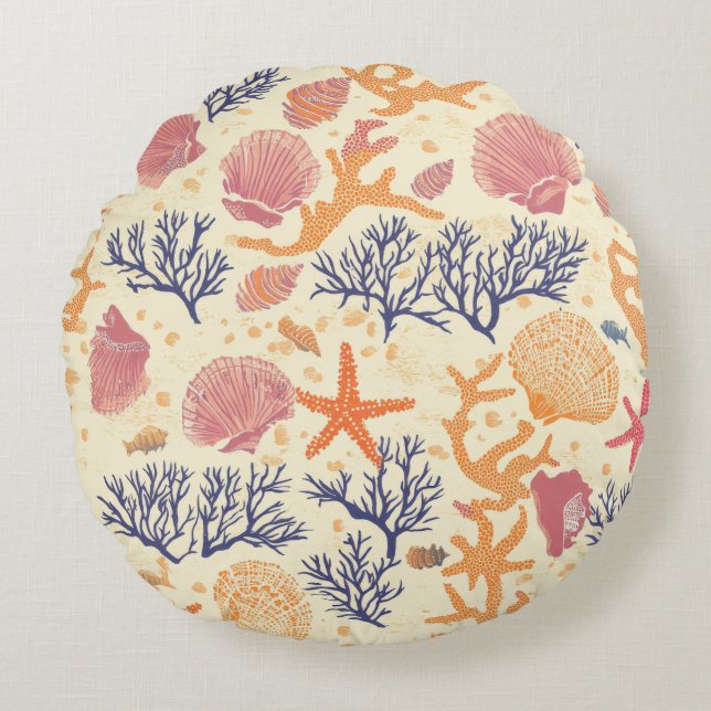 Rustic Coastal - Seashells, Starfish, Reef (1) Round Cushion (Front)
