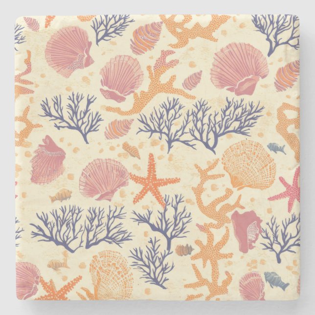 Rustic Coastal - Seashells, Starfish, Reef (1) Stone Coaster (Front)